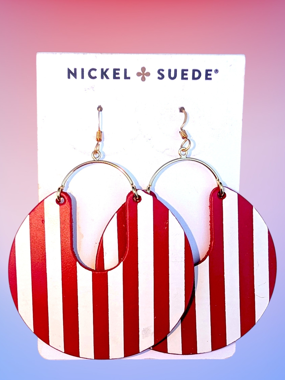 NEW Nickel & Suede Bold Red & White Striped Hoop Earrings - Women Jewelry - Picture 2 of 2